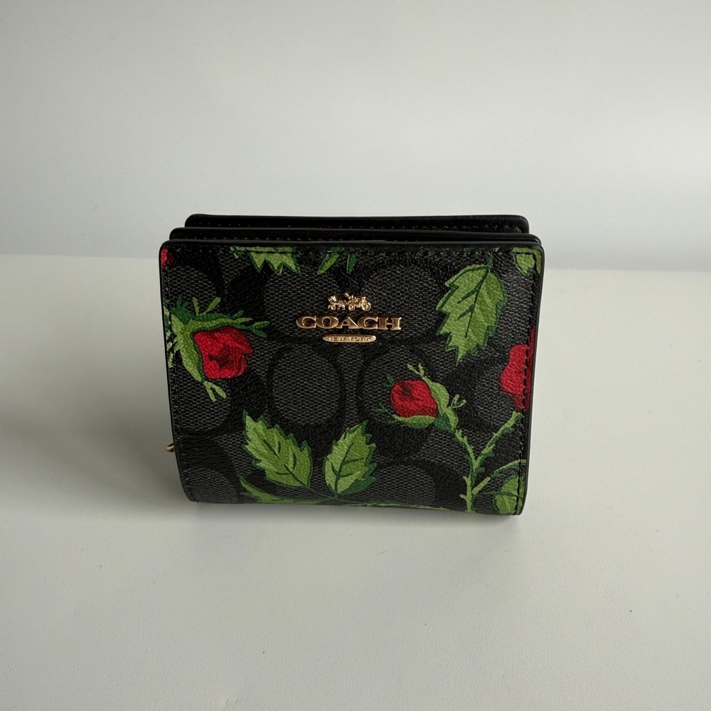 Coach Signature Rose Print Snap Wallet Graphite Red Multi Canvas CC858